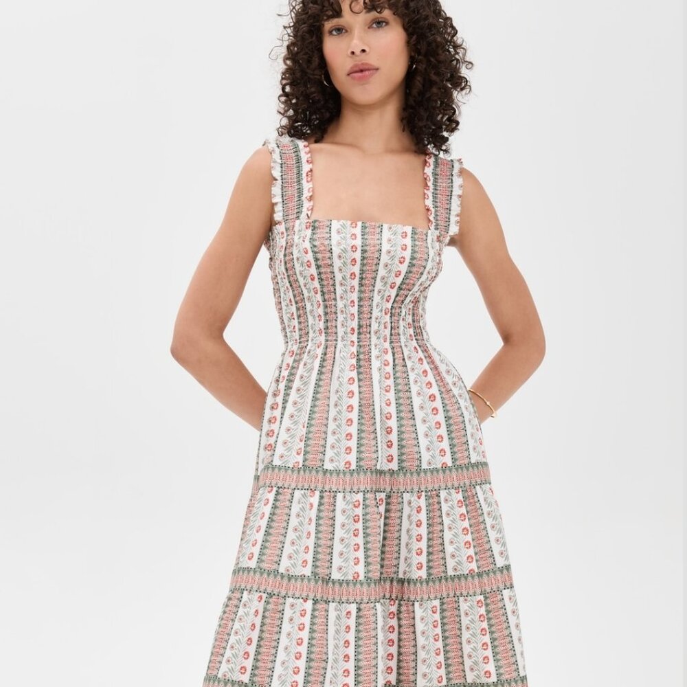 Hill House White Midi Maxi Dress with Pink and Green Floral Stripes